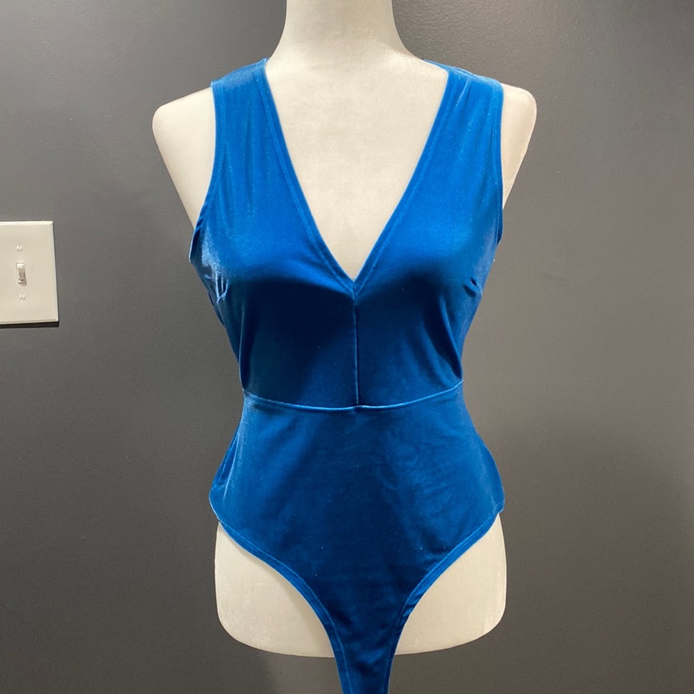 Guess Royal Blue Velvet V-Neck Bodysuit